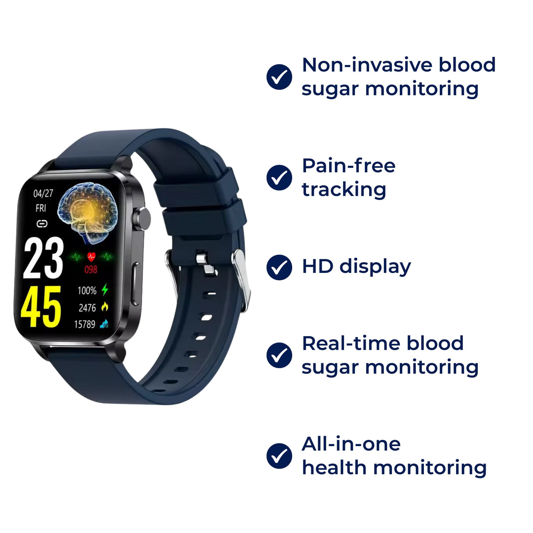 Close-up: Pain-free blood sugar monitoring smartwatch screen showing real-time non-invasive glucose readings.