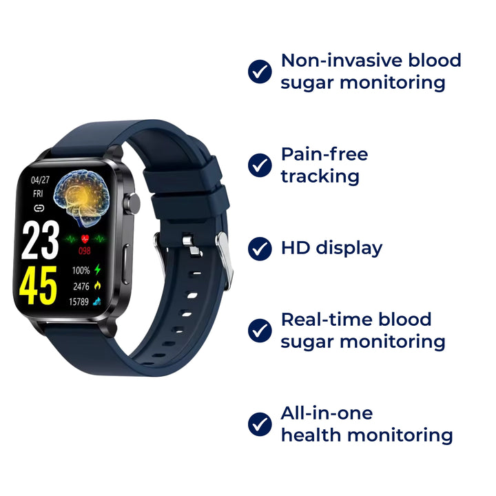 Close-up: Pain-free blood sugar monitoring smartwatch screen showing real-time non-invasive glucose readings.