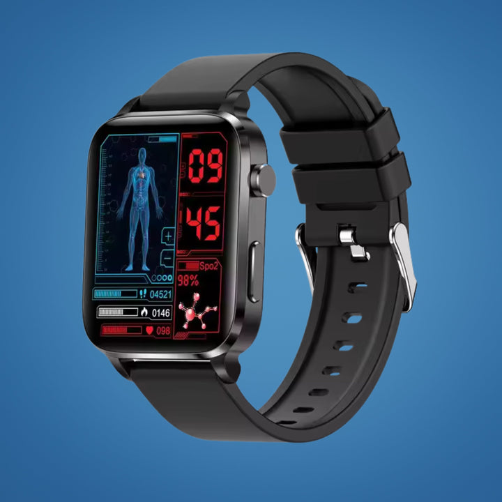 Adult wearing a pain-free blood sugar monitoring smartwatch, providing convenient non-invasive diabetes care.