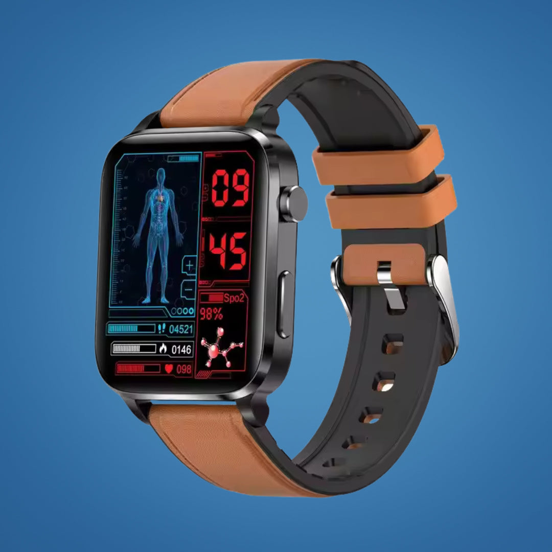 Daily diabetes care: adult non-invasive blood sugar monitoring smartwatch for continuous glucose tracking.