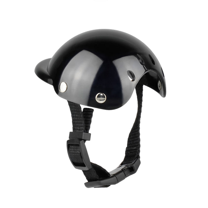 Stylish dog in a black motorcycle helmet & goggles, ready for a ride. Perfect adventure dog accessory.