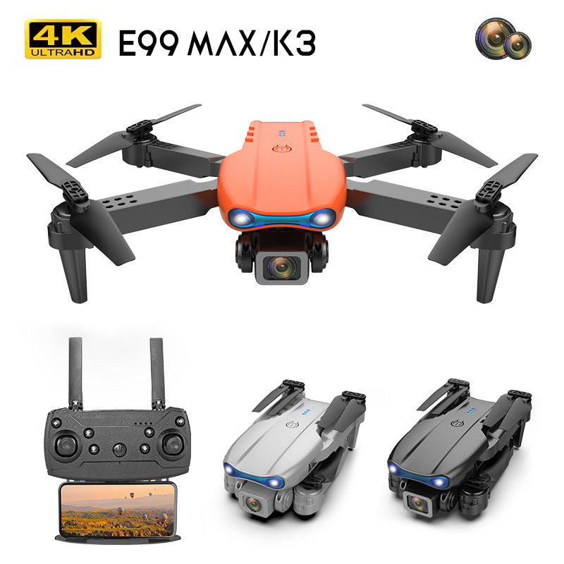 Compact AeroPro 4K UHD drone next to a smartphone, highlighting portability for on-the-go aerial video.