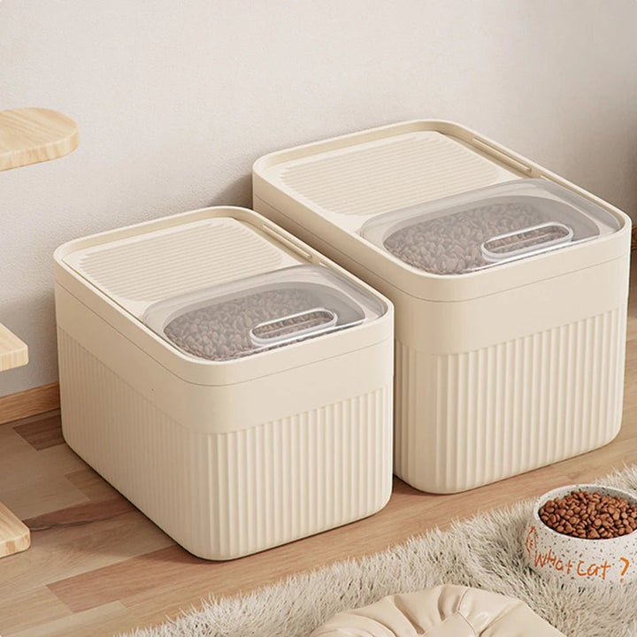 Large capacity airtight pet food container for dry dog or cat kibble. Essential pet supplies.