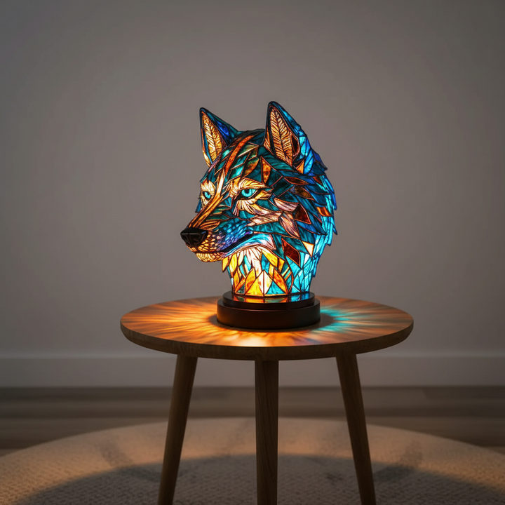 Artistic mosaic animal head table lamp, GleamPaw. Unique home decor and ambient lighting accent.