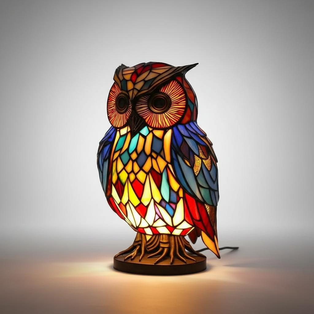 Close-up of intricate mosaic animal head lamp. Showcases artistic craftsmanship and vibrant decorative lighting.