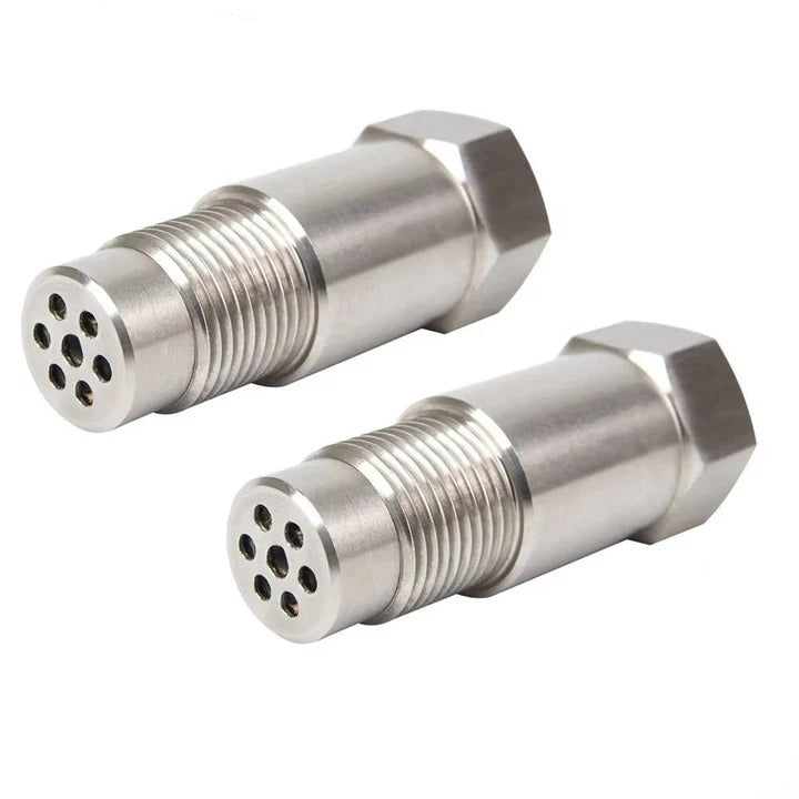 Automotive O2 sensor spacer with built-in catalytic converter, 2-pack, for exhaust systems.