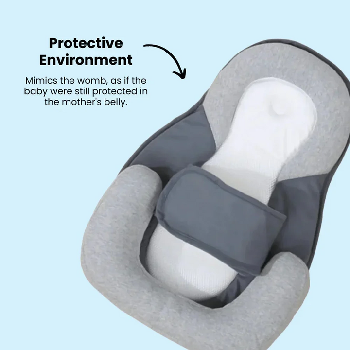 Secure inclined baby pillow providing anti-spit-up & reflux support for peaceful infant sleep.