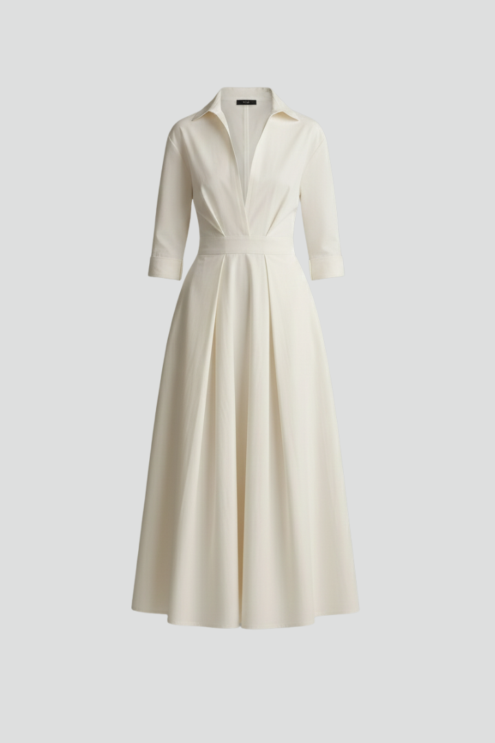 Beige elegant long sleeve midi dress for women, featuring a defined waist, button front, and flared hem.
