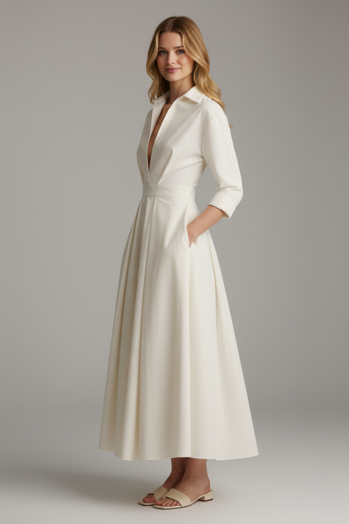 Green elegant women's long sleeve midi dress with a flattering defined waist and flowy flared hem.