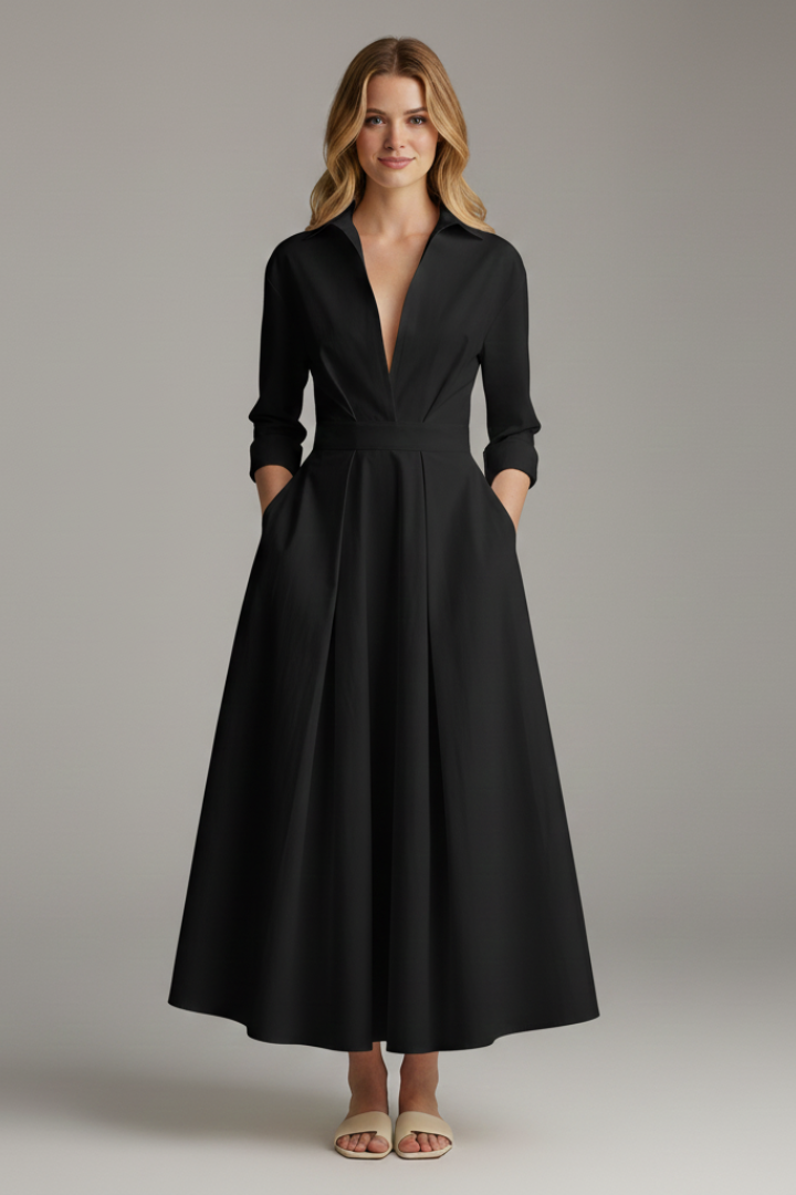 Chic beige women's midi dress featuring long sleeves, a defined waist, and decorative button front closure.