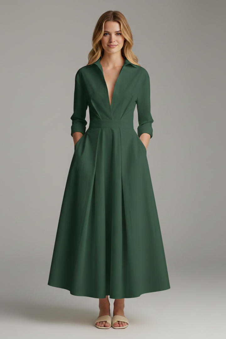 Stylish black long sleeve midi dress for women with a flattering defined waist, flared hem, and full-length buttons.