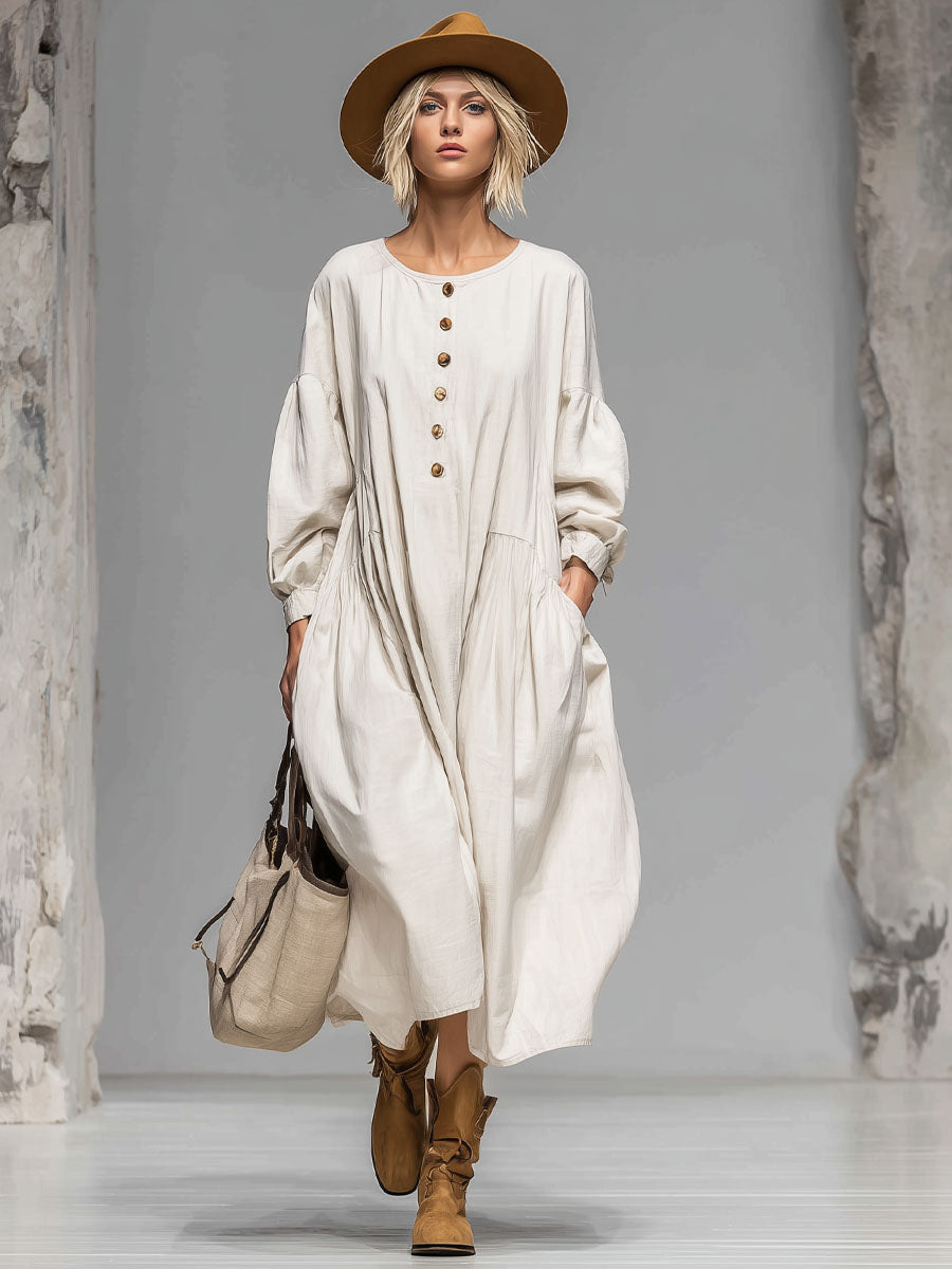 Women's button-front loose midi dress, long sleeve, pockets. Perfect casual day dress for comfort & style.