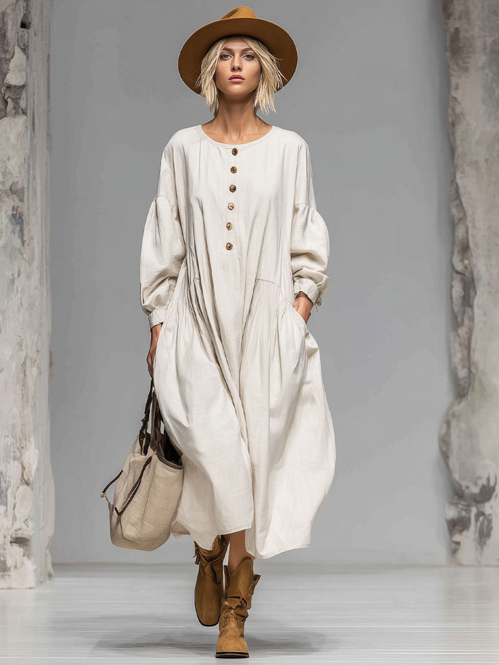 Women's button-front loose midi dress, long sleeve, pockets. Perfect casual day dress for comfort & style.