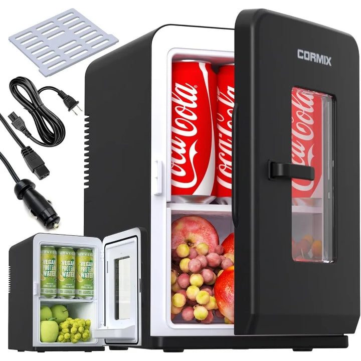 Black 15L compact portable mini fridge & warmer. Ideal for home, car, or office. Keeps snacks and drinks cool.