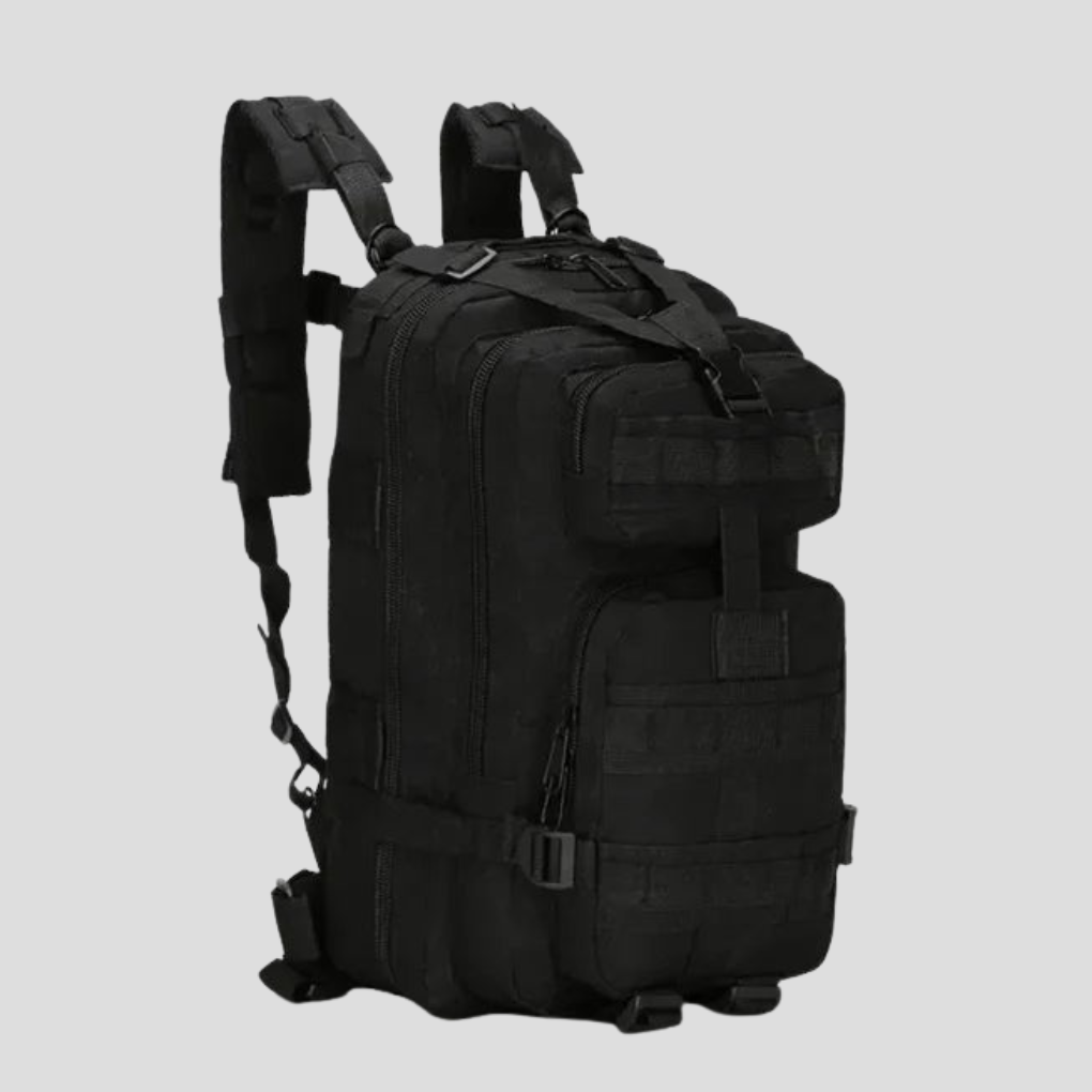 Black 20L tactical MOLLE backpack for outdoor survival, emergency gear, hiking, camping, and travel.