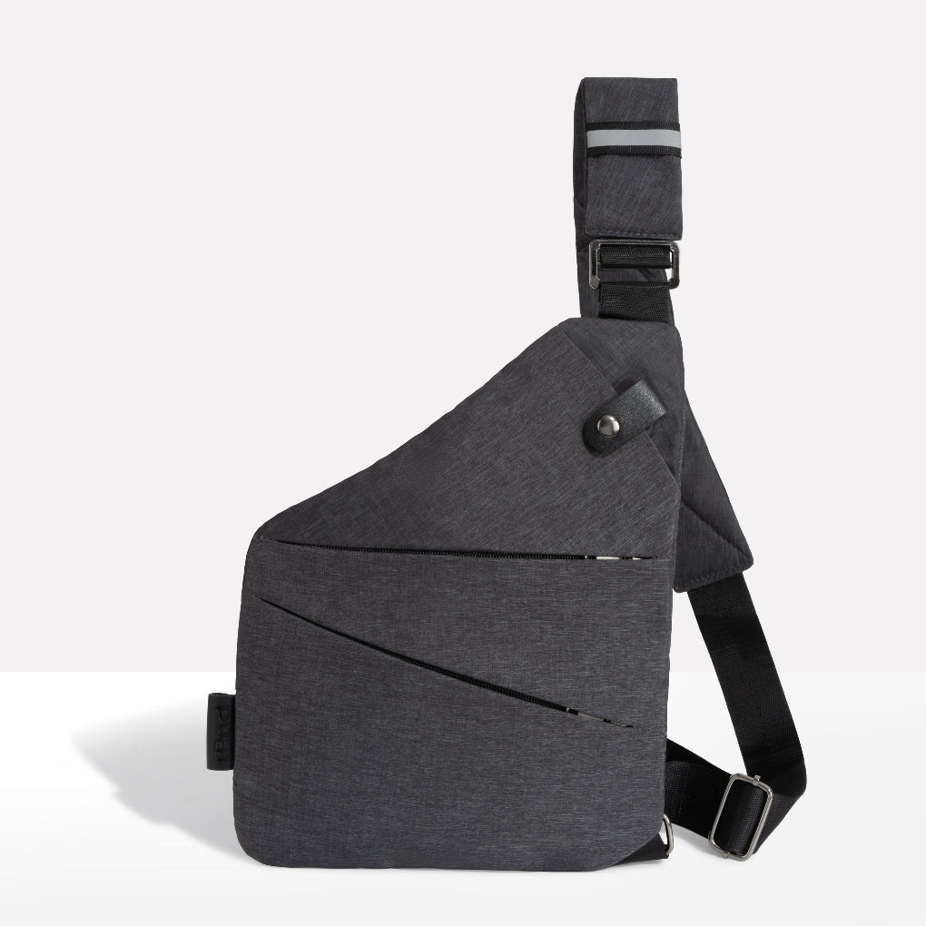 Black anti-theft sling bag, secure unisex crossbody for daily commute.