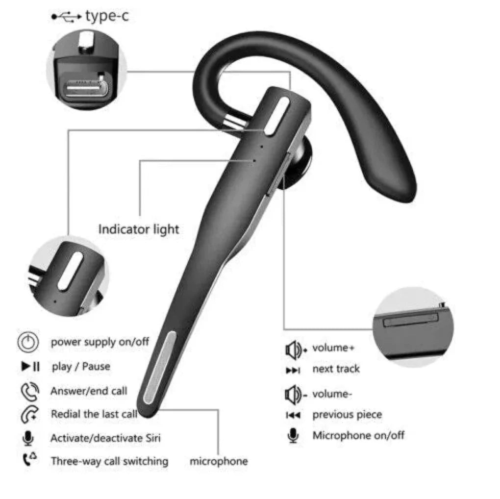Ergonomic black men's Bluetooth headset, designed for comfort during long calls with dual noise cancelling mics.