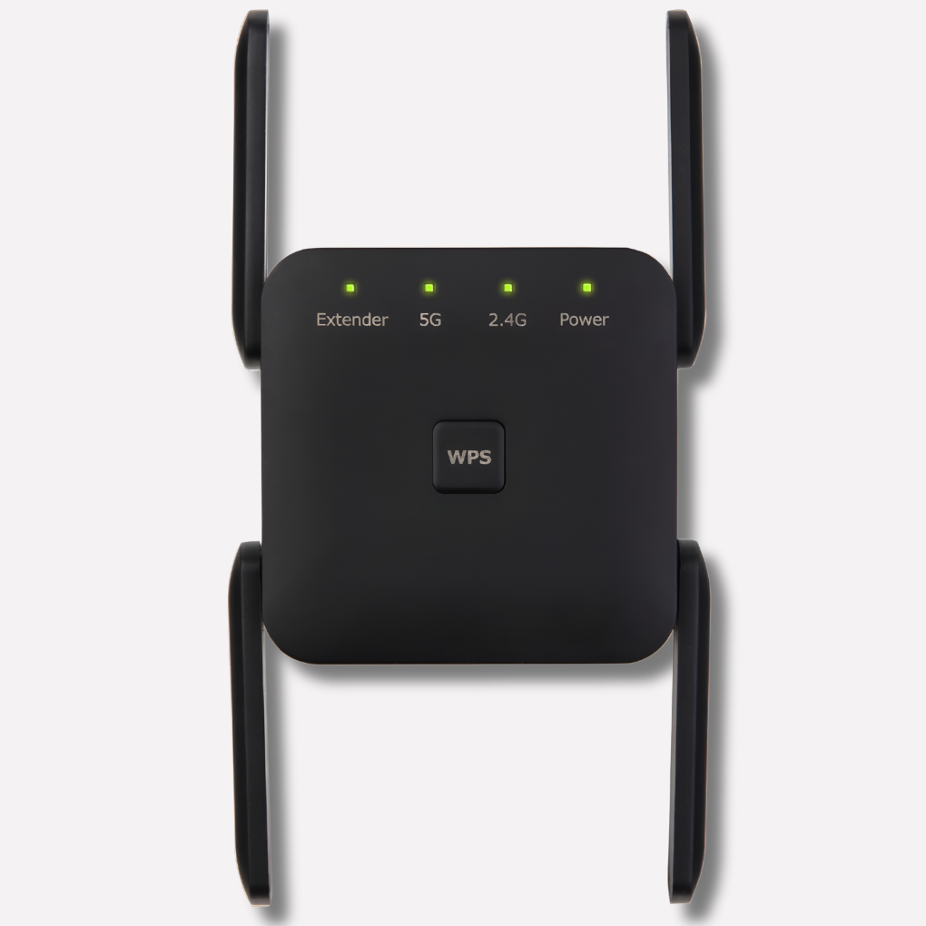 Black dual-band WiFi extender, 1200 Mbps. Boosts 2.4/5Ghz signal for seamless home & office internet, eliminates dead zones.