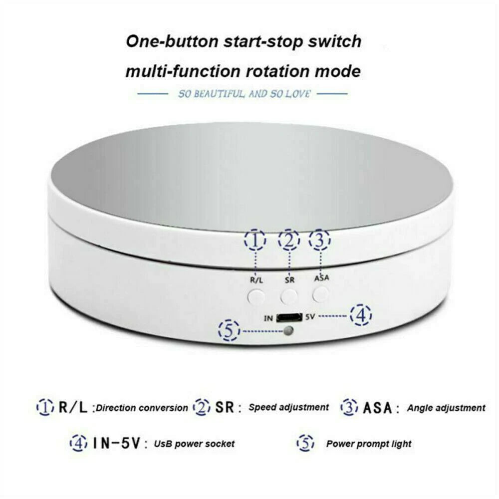 "Black electric motorized rotating display stand, round base, showcasing 360° rotation for professional photography setups."