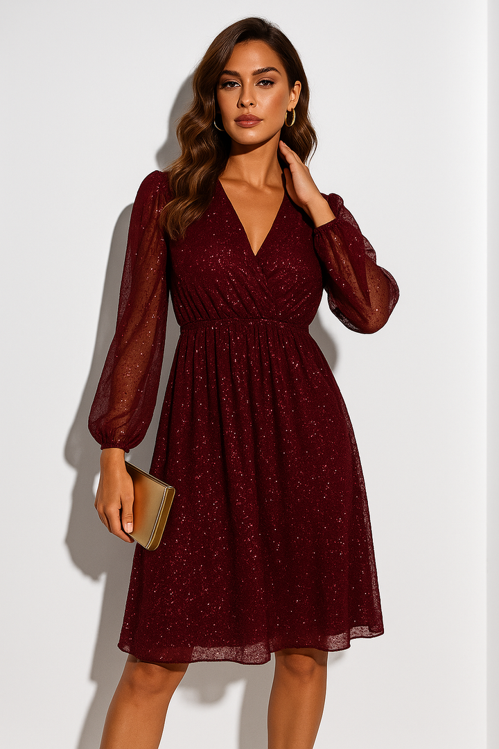 Green glitter mini dress for women, featuring elegant puff sleeves, a wrap V-neck design. Special occasion.