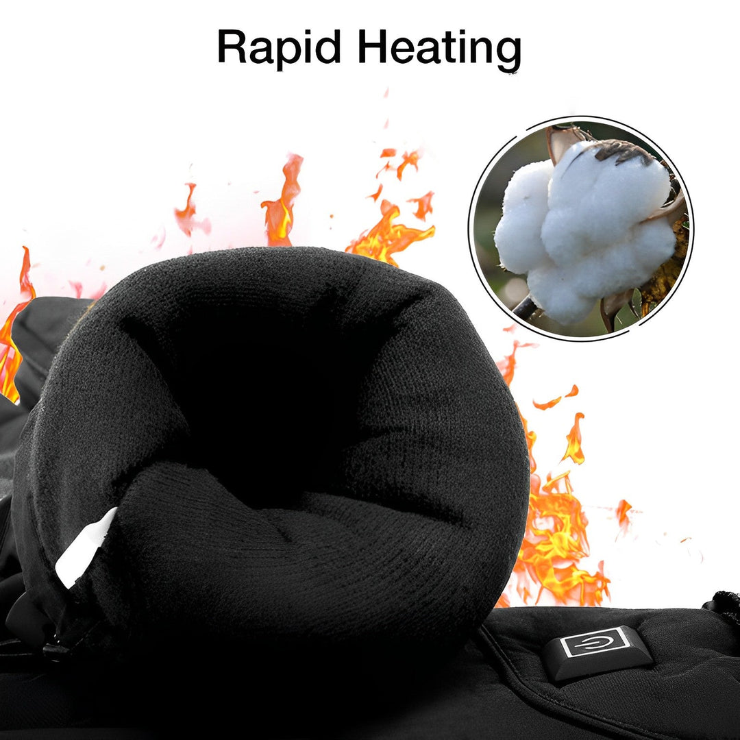 "Black heated electric gloves for men and women, adjustable heat settings, water-resistant, ideal for winter sports."