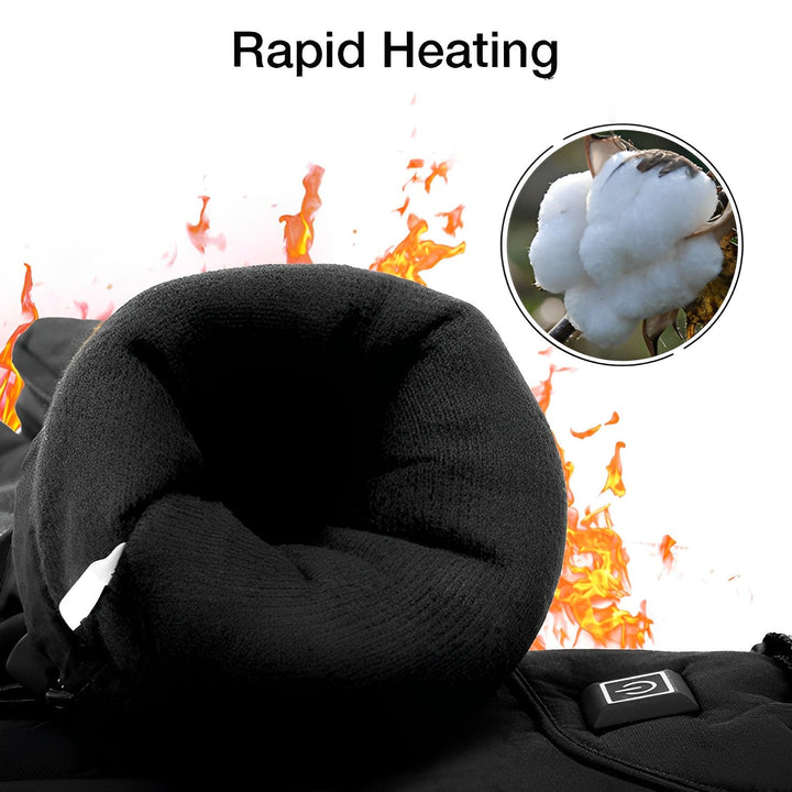 "Black heated electric gloves for men and women, adjustable heat settings, water-resistant, ideal for winter sports."