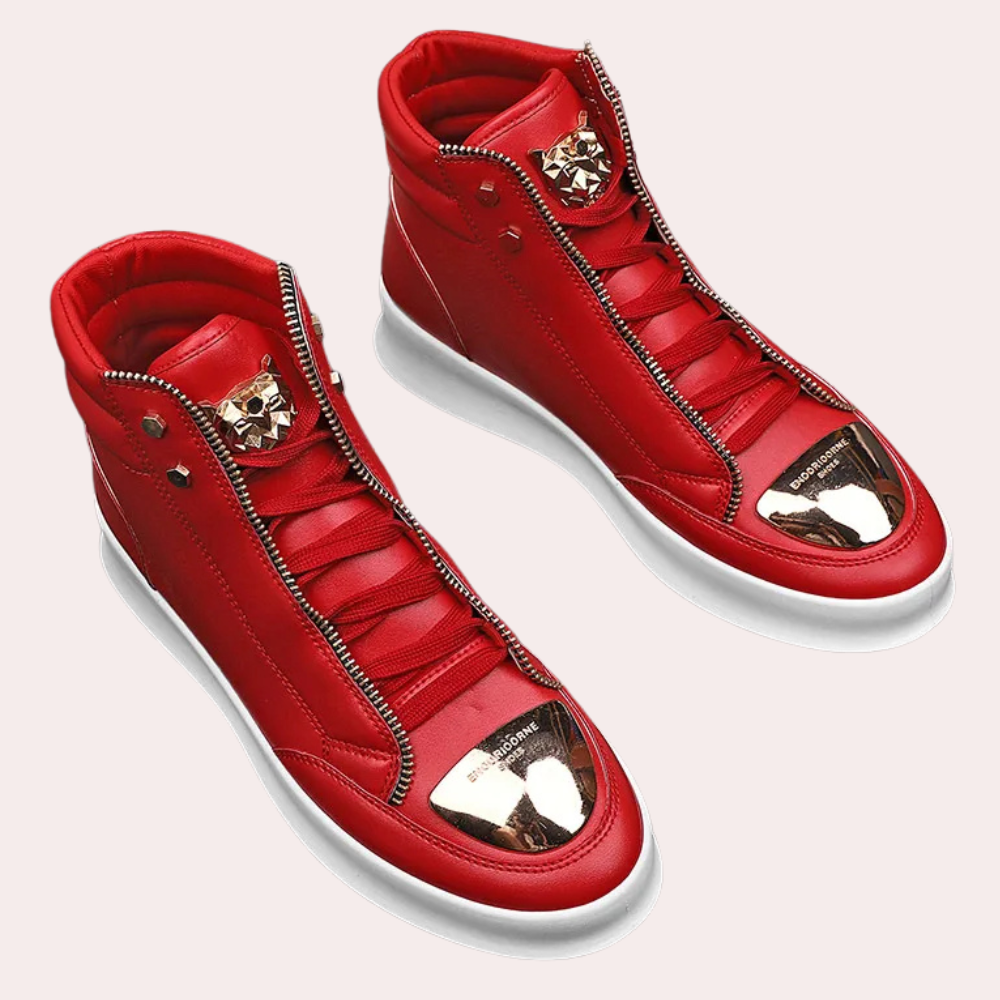 Men's high-top sneakers in classic black, red, and white. Essential urban style athletic shoes for casual wear.