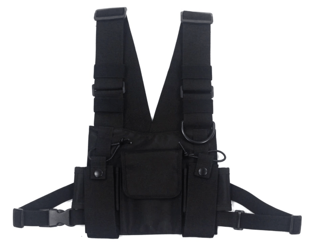 Black nylon tactical chest rig harness bag, unisex streetwear utility accessory for storage
