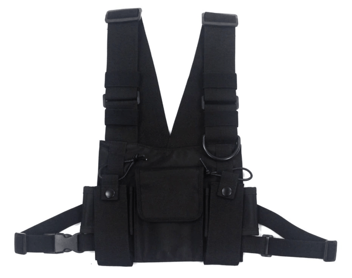 Black nylon tactical chest rig harness bag, unisex streetwear utility accessory for storage