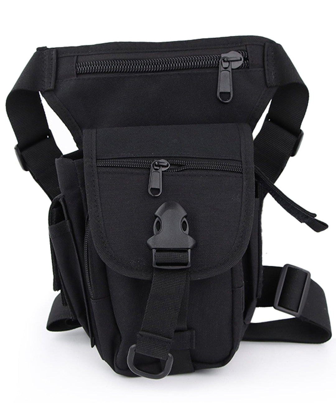 Black oxford cloth unisex adventure hip pack worn as a fanny pack, close-up, showing main compartment and front pocket.