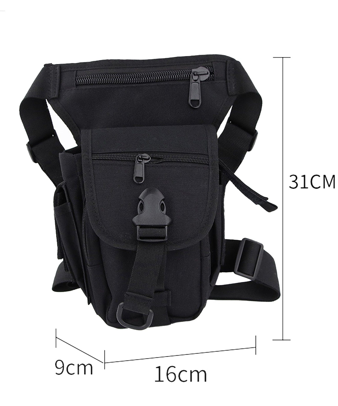 Adventure-ready unisex hip pack in black oxford cloth, close-up of zipper pulls and fabric texture, perfect for outdoor gear.