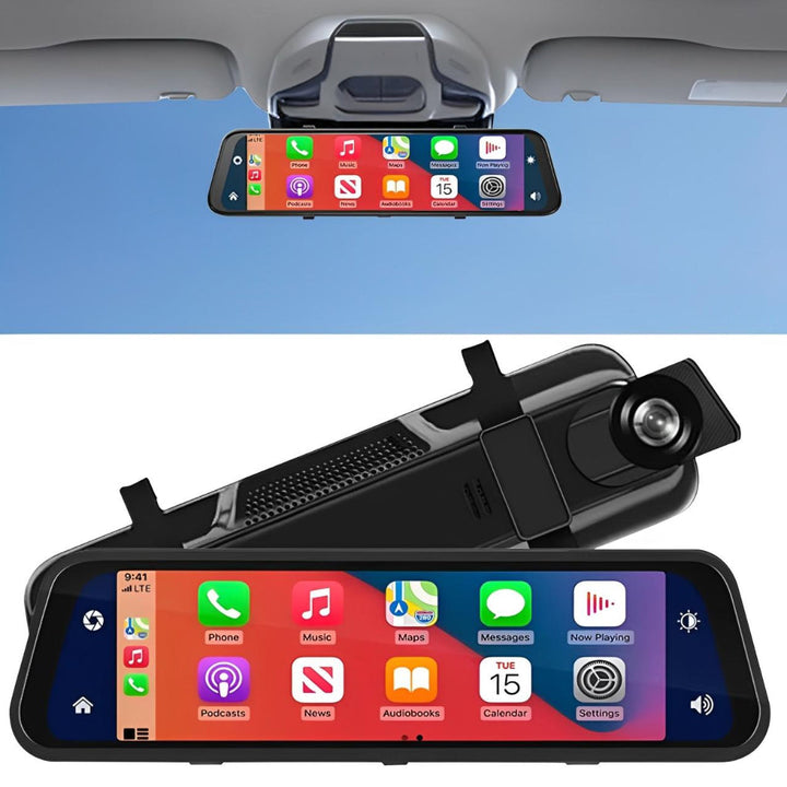Black smart rearview mirror dashcam with integrated display for CarPlay & Android Auto, universal fit for cars.