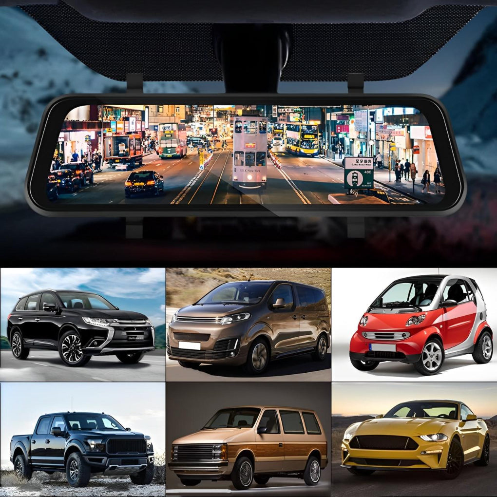 Unisex smart rearview mirror dashcam displaying Apple CarPlay interface, GPS navigation, and safety camera view.