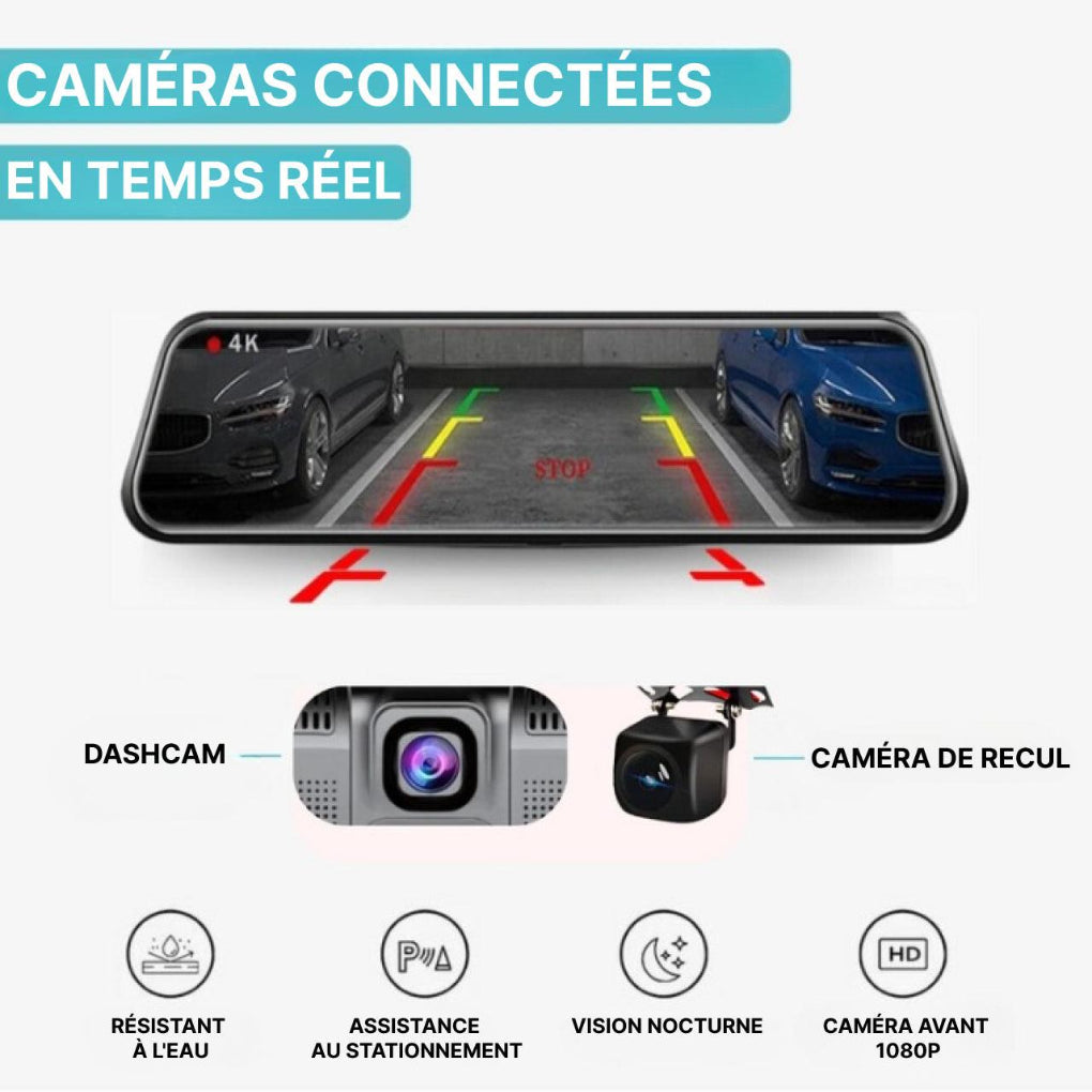 Vehicle accessory: Black smart rearview mirror dashcam, universal fit, easily clips over existing car mirror for upgrade.