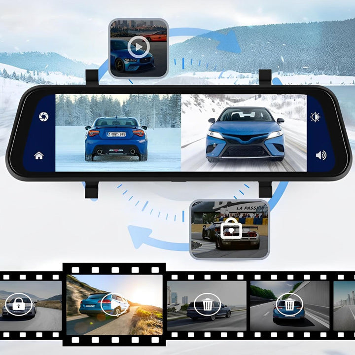 High-tech smart rearview mirror dashcam with Android Auto, front & rear safety camera, and Bluetooth connectivity.