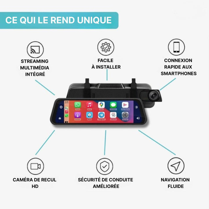 Modern car tech: Smart rearview mirror dashcam with CarPlay, GPS, and full HD recording for enhanced in-car entertainment.