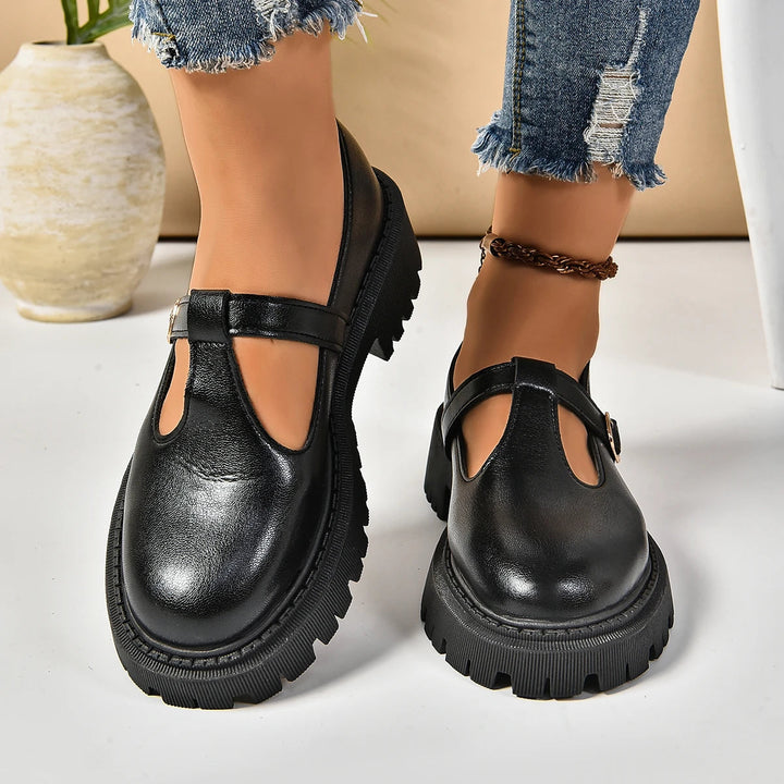 Women's comfortable T-strap platform Mary Jane shoes with orthopedic foot support.