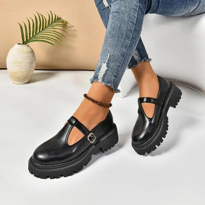 Stylish black T-strap platform Mary Jane orthopedic shoes for women, perfect for all-day comfort.