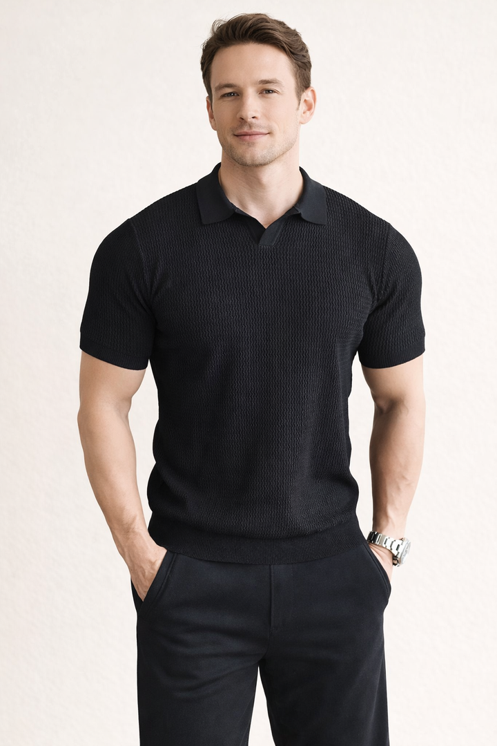 Black textured slim-fit men's polo shirt, perfect for casual or office wear.