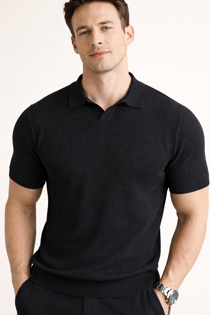 Green short-sleeve polo for men, a slim-fit textured top ideal for summer style.