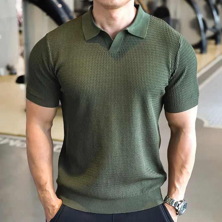 Brown men's slim-fit textured short-sleeve polo, great for everyday fashion.
