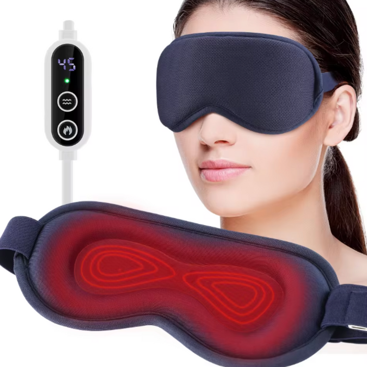Portable heated eye massager with gentle vibration for migraine therapy, stress reduction, and eye care relief.