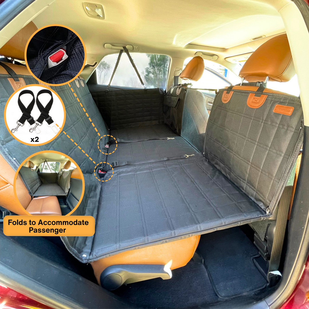 Durable black waterproof dog car seat protector & backseat extender with door covers for pet travel.