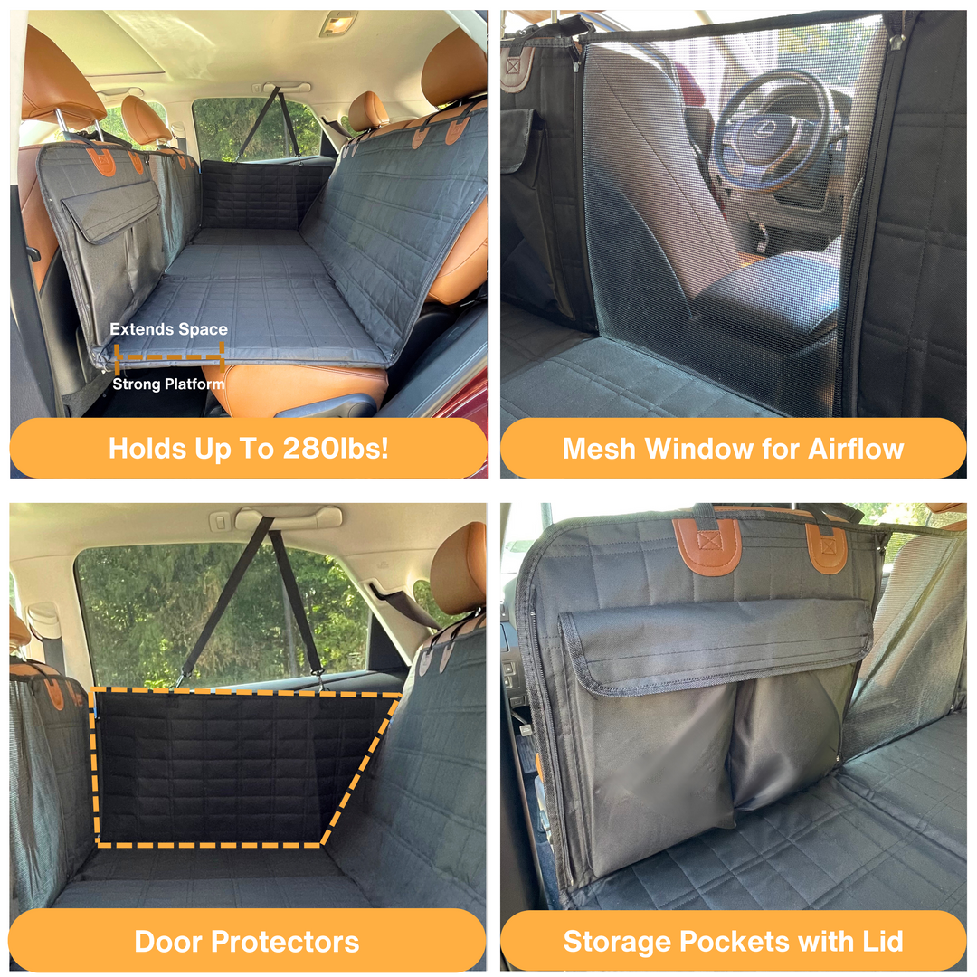 Keep car clean & safe with black waterproof dog backseat extender, car seat protector & door covers.