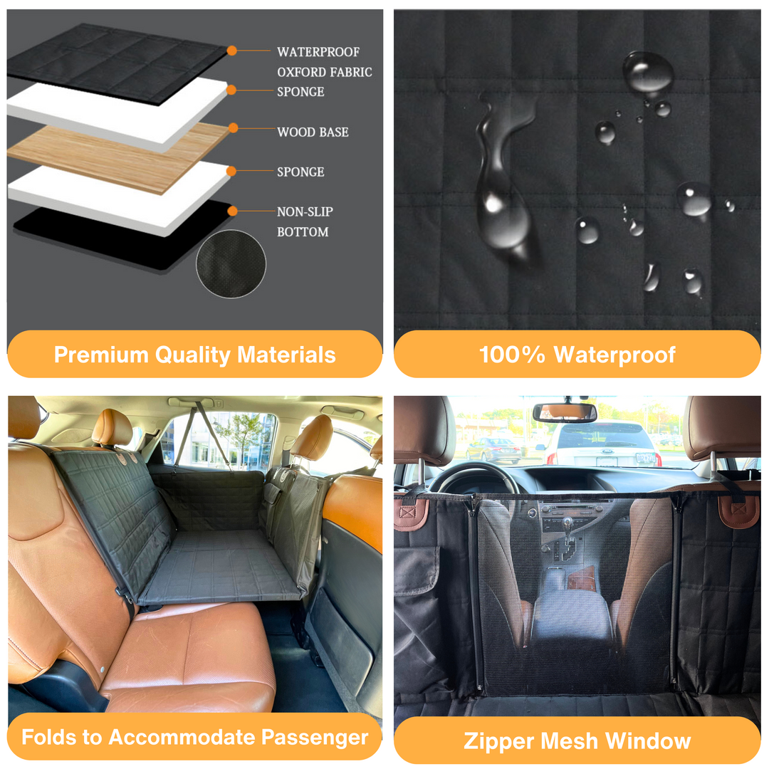 Black dog backseat extender bridge & waterproof car seat protector with door covers for pet safety.