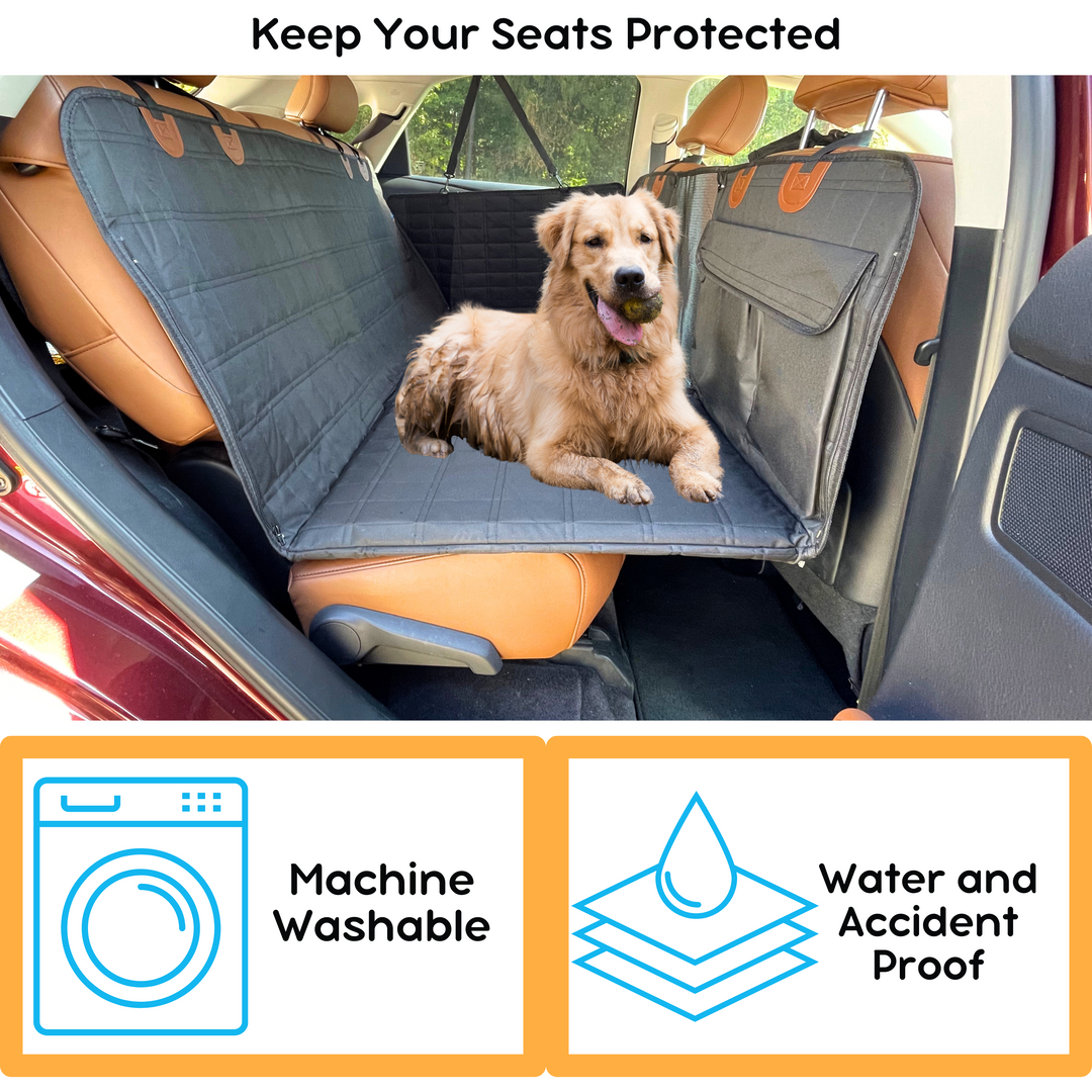 Full car protection: black waterproof dog backseat extender, car seat protector & door covers, pet travel.