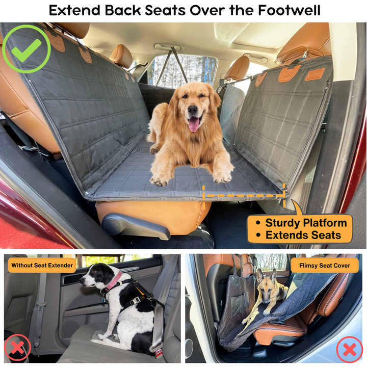Essential black pet travel gear: dog backseat extender, waterproof car seat protector & door covers.