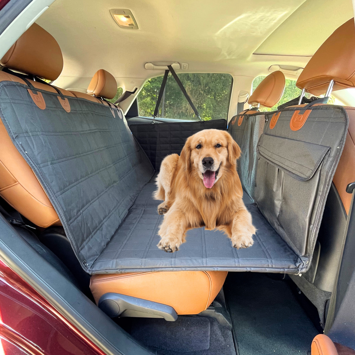 Easy-clean, durable black waterproof dog backseat extender & car seat protector with door covers.