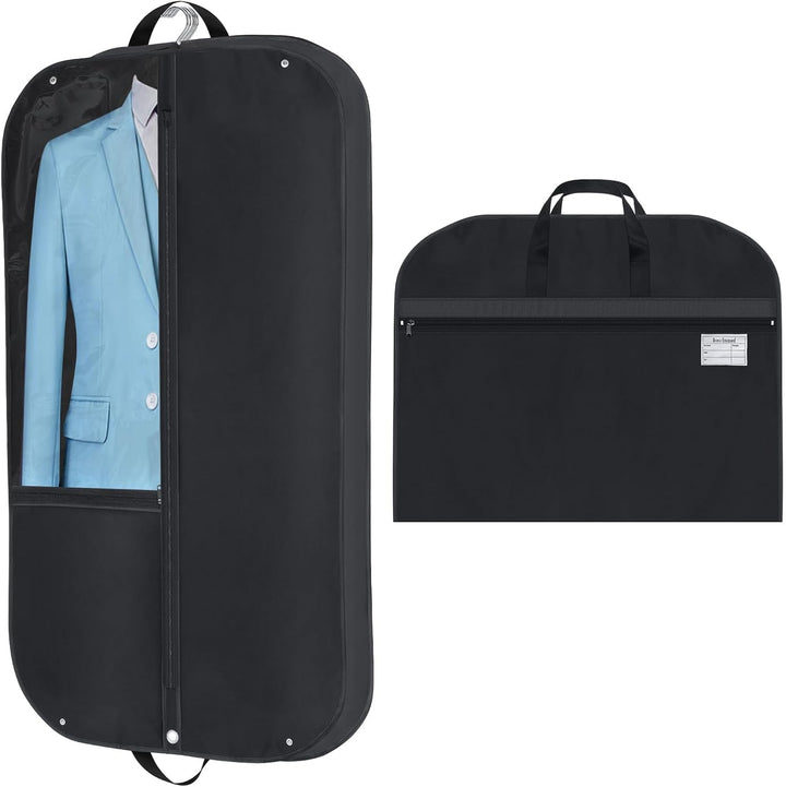 Black waterproof garment bags (2-pack) for suit, dress, and clothing protection & travel storage.