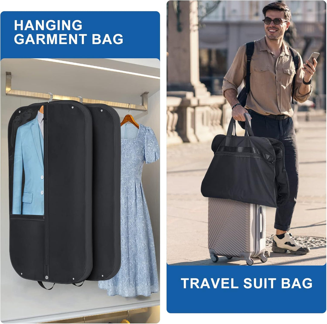 Durable black waterproof garment bags (2-pack) with gusset for wrinkle-free suit & dress travel and home storage.